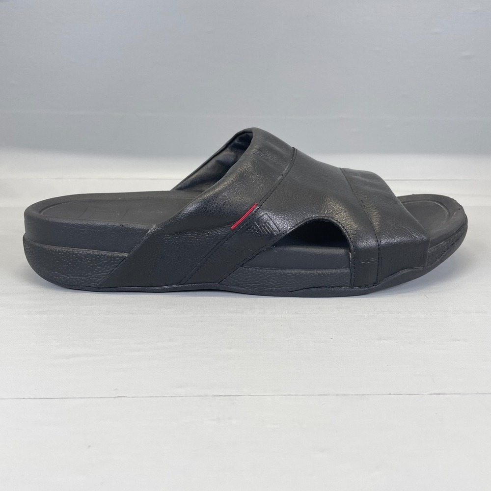 FitFlop Freeway Pool Slide Sandals Mens Size 11 Black Leather Slip On Shoes